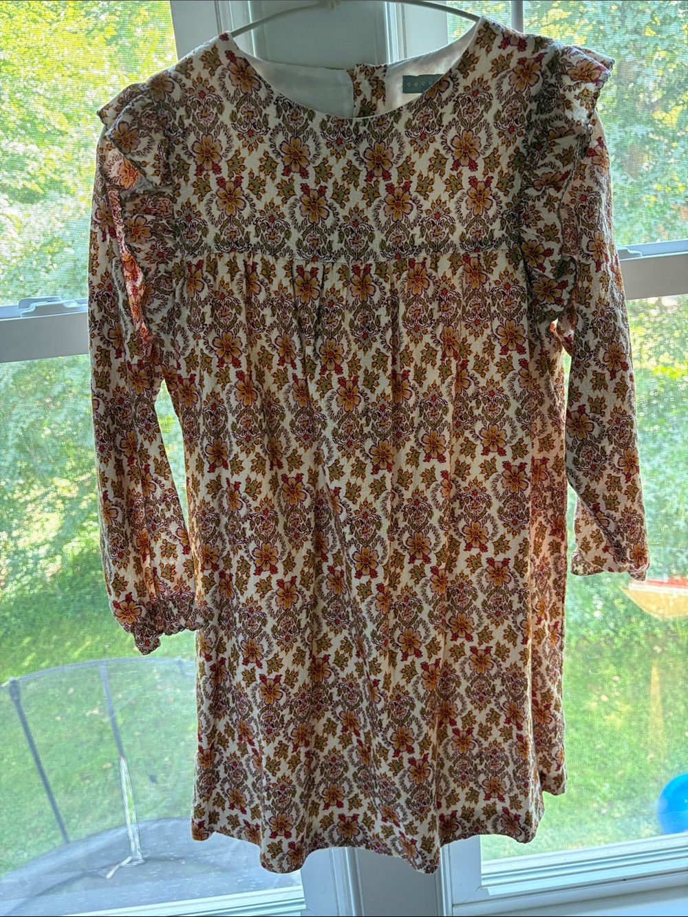 Girls' Long-Sleeve Floral Dress in Cream and Mustard